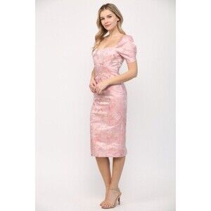 NWT Fate Jaquard Puff Sleeve Midi Dress Size S Pink Babydoll Regencycore Wedding